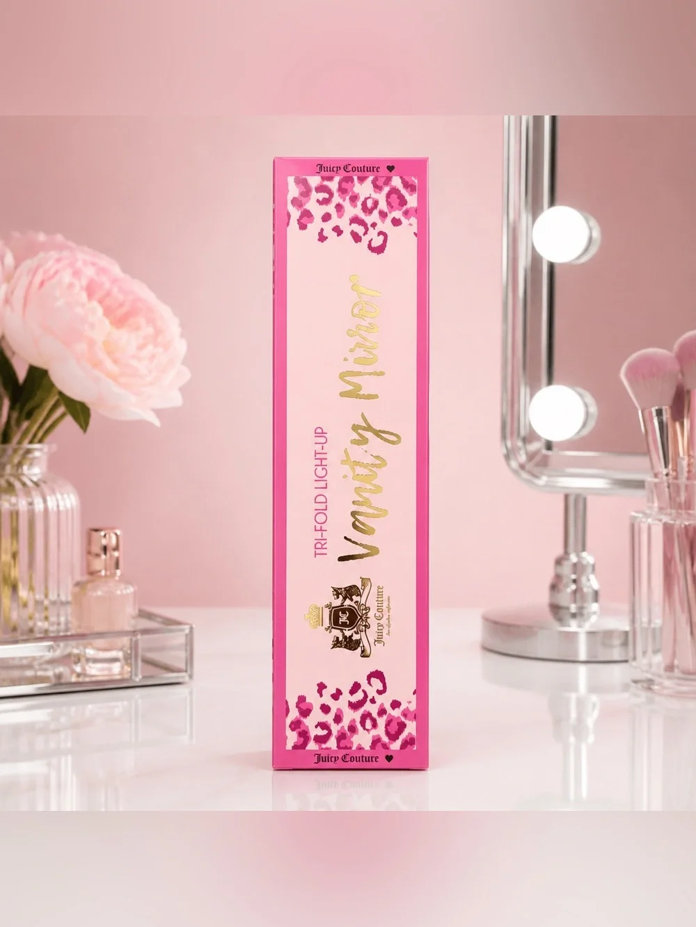Juicy Couture Pink Tri-Fold Vanity Mirror with Makeup Tray